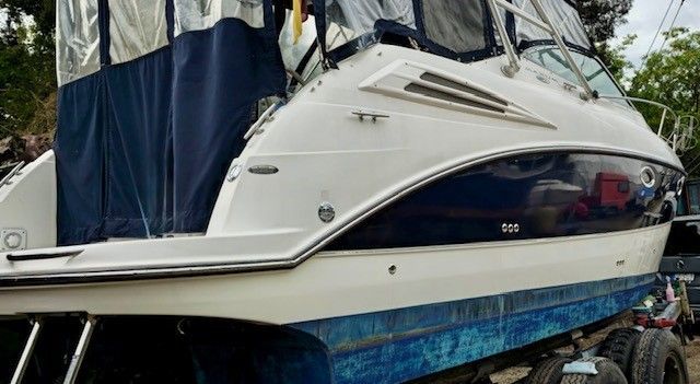 Auf einem Anhänger liegt ein weiß-blaues Boot.