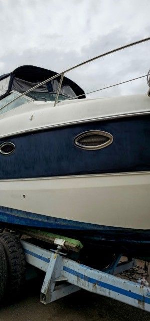 Auf einem Anhänger steht ein weiß-blaues Boot.