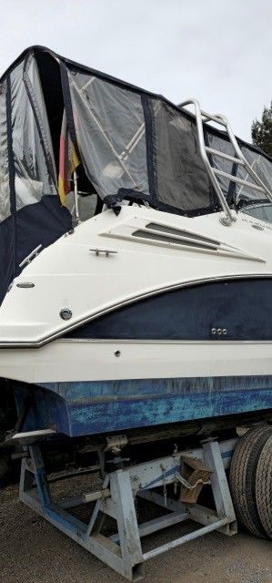 Auf einem Anhänger steht ein weiß-blaues Boot.