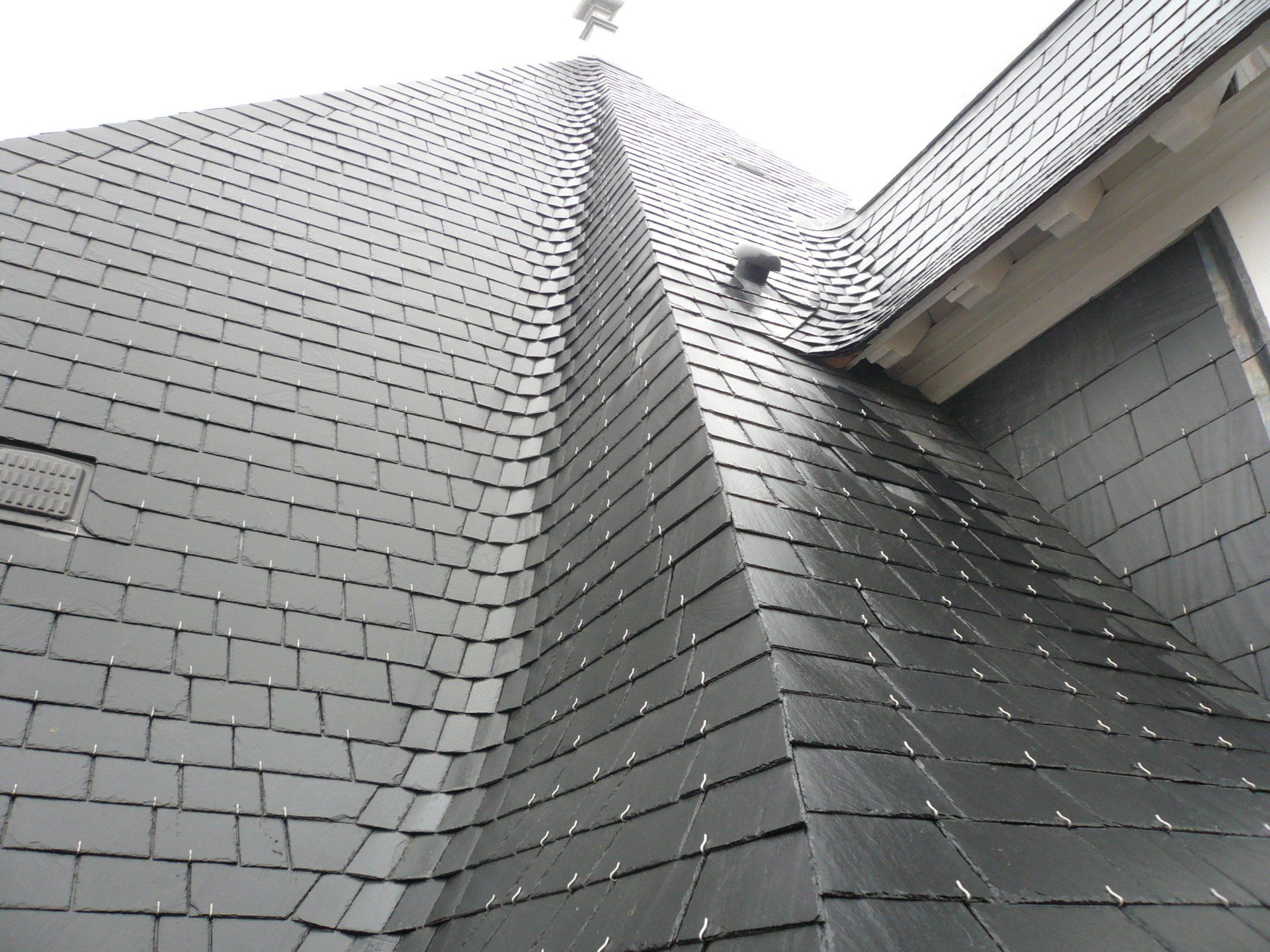 Gros plan sur une toiture en ardoise mouillée