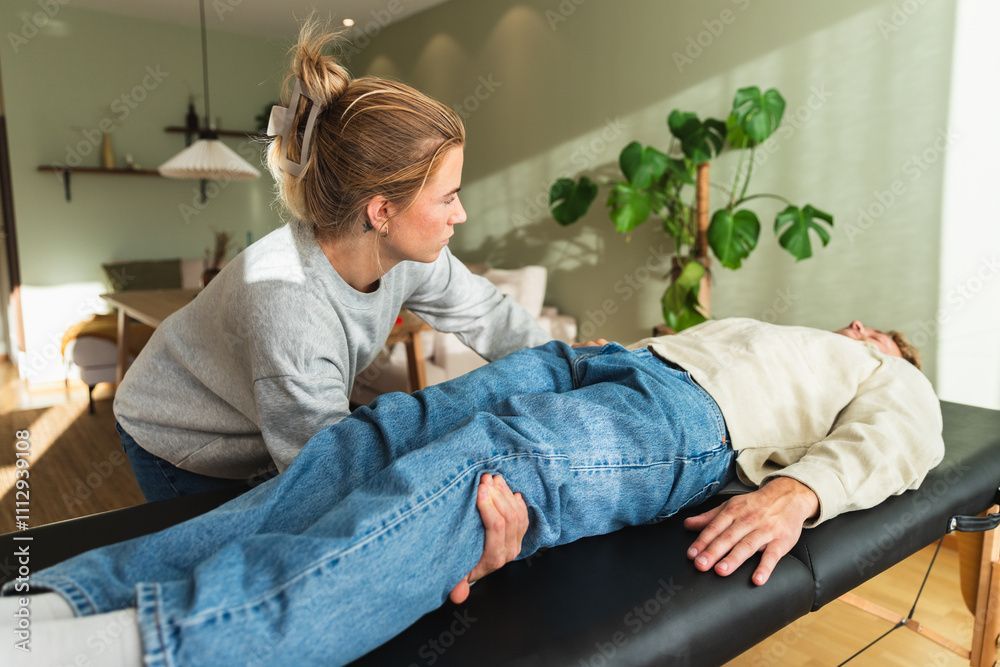 Therapeut untersucht einen Patienten auf einer Behandlungsliege in einem hellen Klinikzimmer