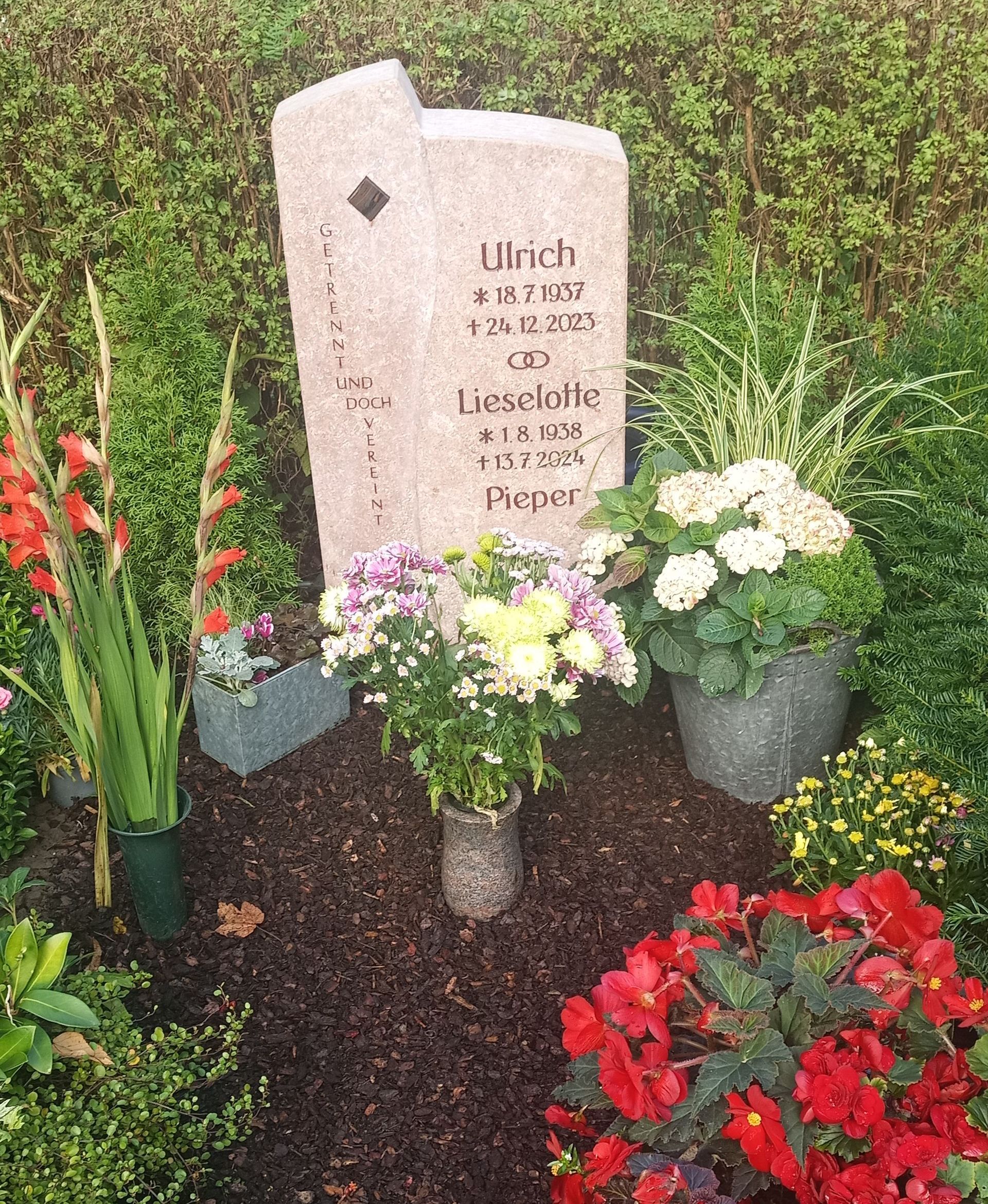 Ein Grab mit Blumen und Pflanzen davor.