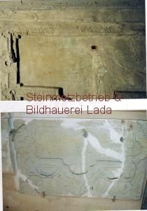 Ein Bild einer Tür vor und nach der Restaurierung.