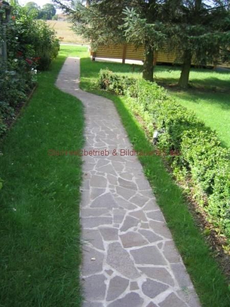 Ein Steinweg durch einen üppigen grünen Garten