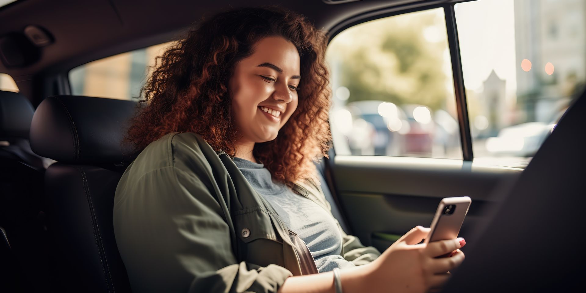 Une femme assise à l'arrière d'un taxi en train de regarder son téléphone.