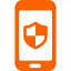 Un teléfono celular naranja con un escudo en la pantalla.