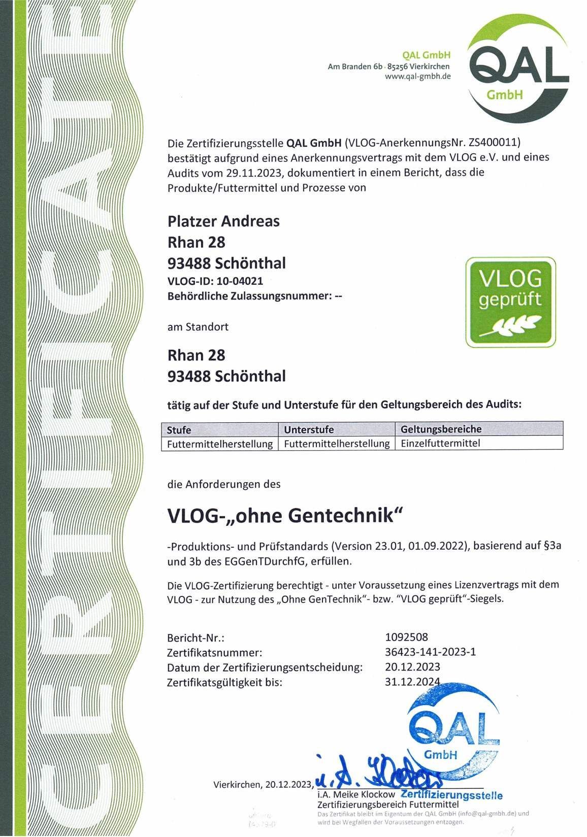 Zertifikat der QAL GmbH für „VLOG – ohne Gentechnik“ zum Nachweis der Produktqualität.