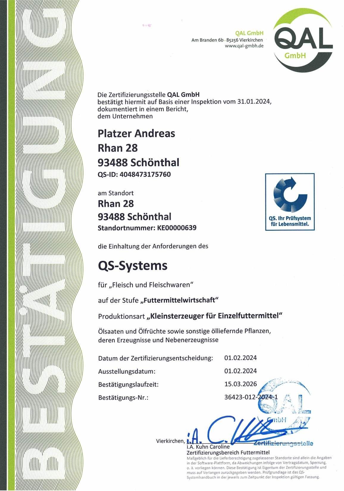 Zertifikat der QAL GmbH für Andreas Pfahler zur Zertifizierung von OS-Systems.