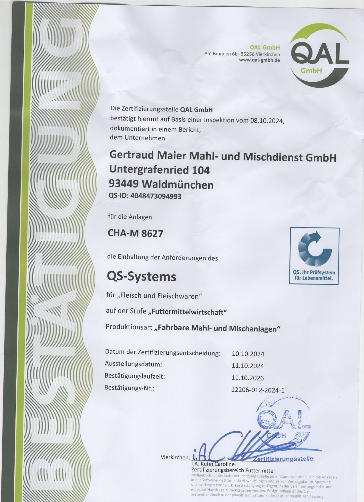 Certificate from QAL, confirming the company Gertraud Maier Mäh- und Mietdienst GmbH, location Waldmünchen.