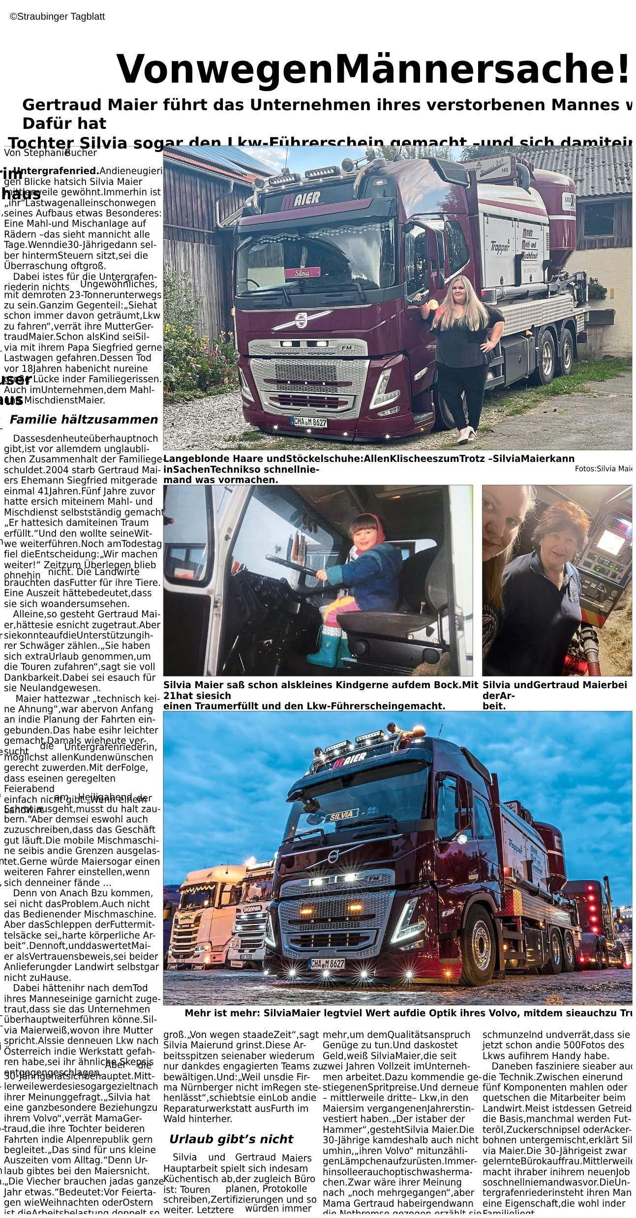Deutscher Zeitungsartikel mit Fotos von großen Lastwagen und Fahrern, der Titel lautet „Vonwegen Männersache!“