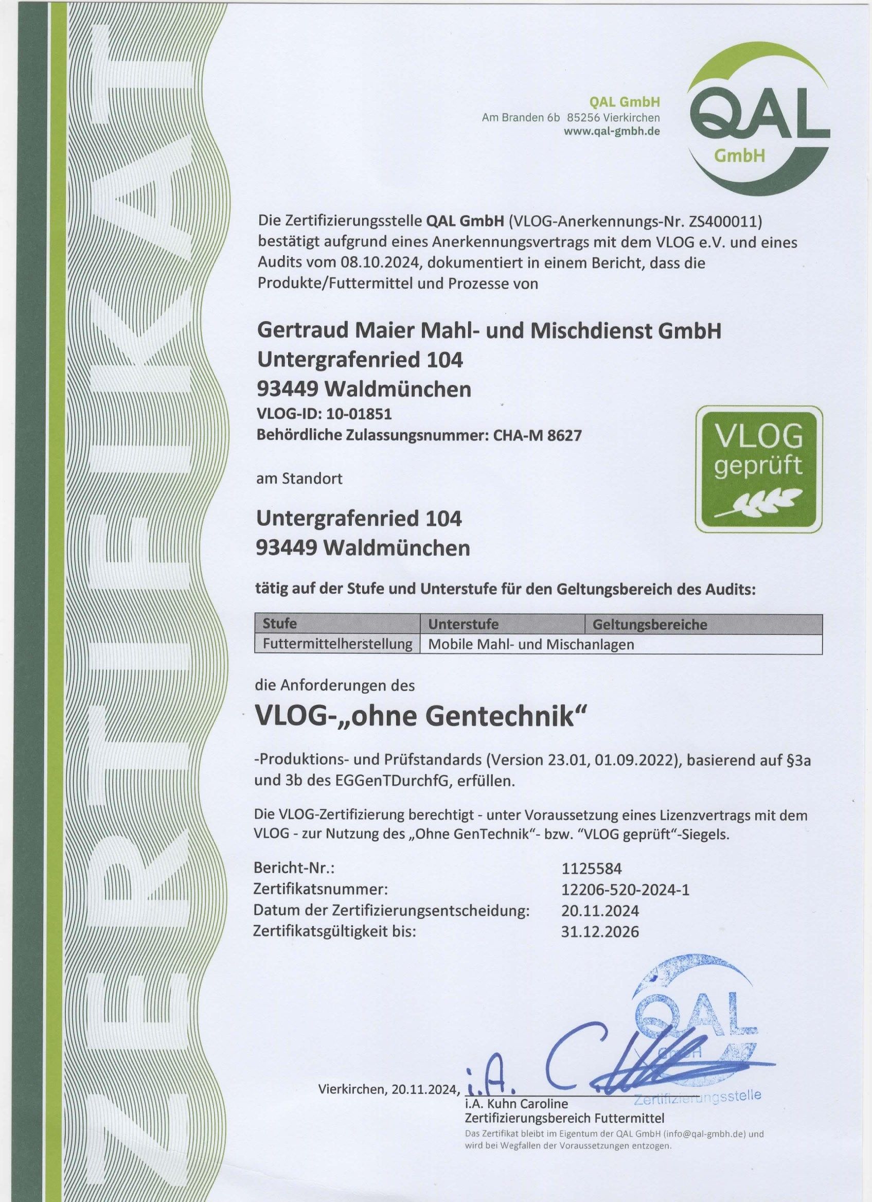 QAL-Zertifizierungsdokument für einen lebensmittelverarbeitenden Betrieb; inklusive Logo, Firmeninfo und Siegel „VLOG ohne Gentechnik“.