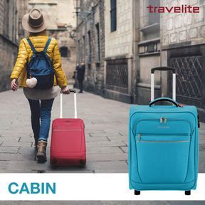 Werbung eines türkisen travelite-Koffers