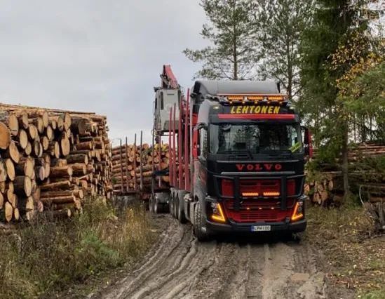 Mustapunainen Volvo-metsäauto mutaisella tiellä lastaamassa tukkeja metsässä.