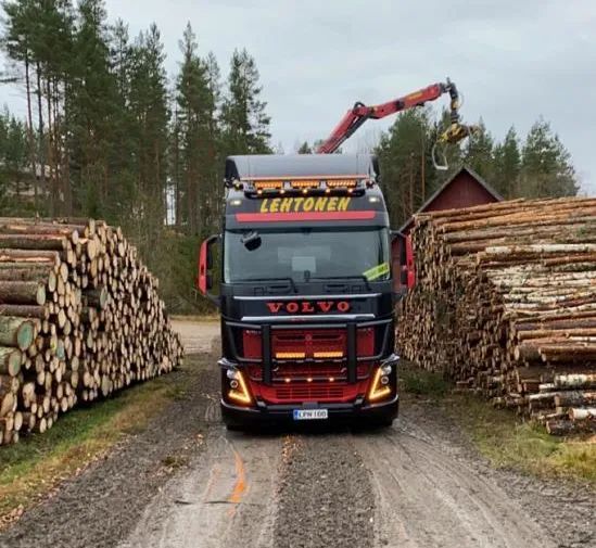Punainen ja musta Volvo-kuorma-auto lastaa tukkeja nosturilla soratietä metsässä.