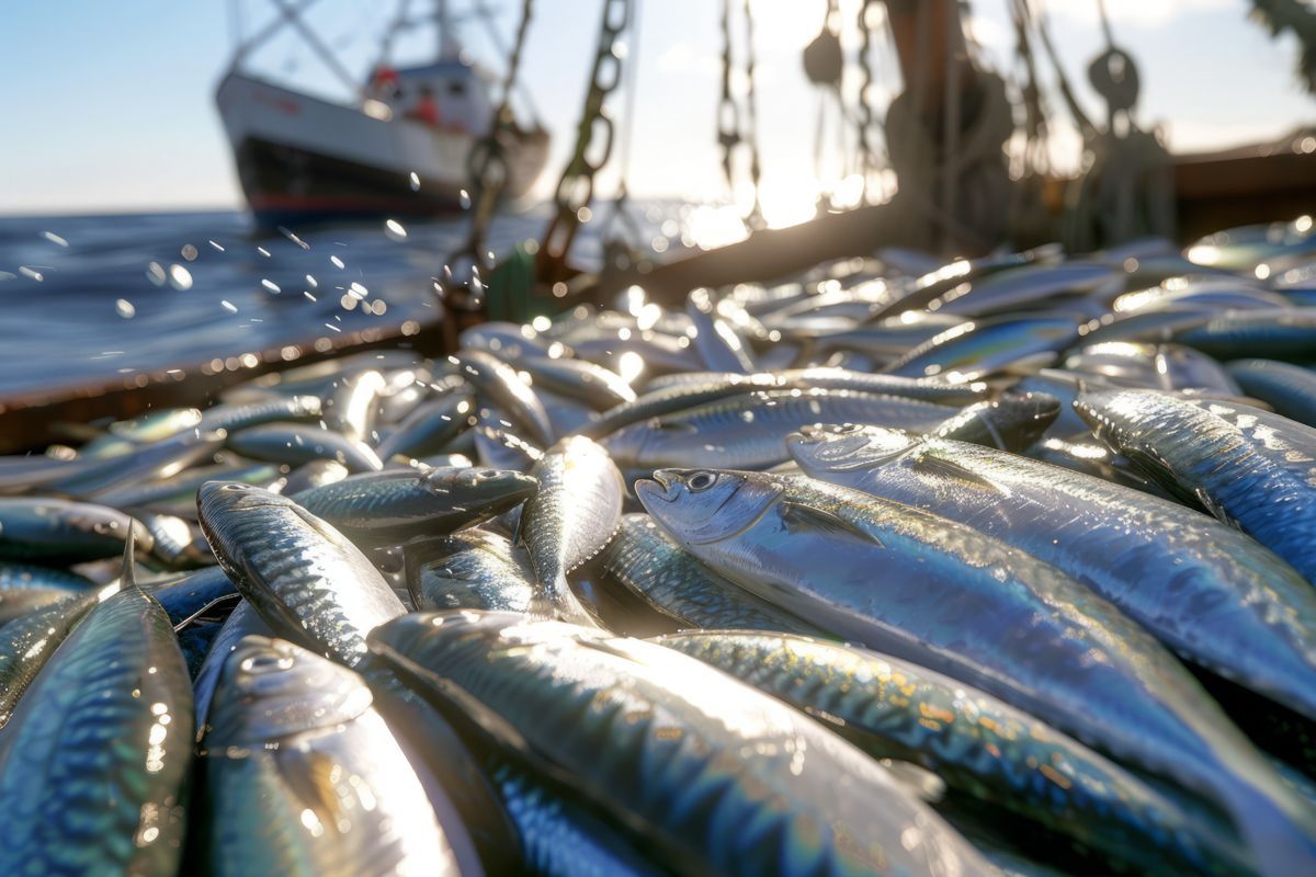 Auf einem Boot liegen viele Fische übereinander.