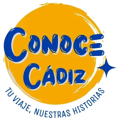 Logo circular amarillo y azul con el texto “Conoce Cádiz” y el lema “Tu viaje, nuestras historias”.