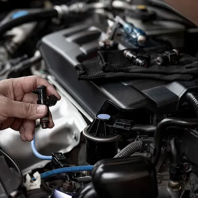 Mano mecánica sosteniendo un inyector de combustible sobre el motor de un automóvil, herramientas visibles en el fondo.