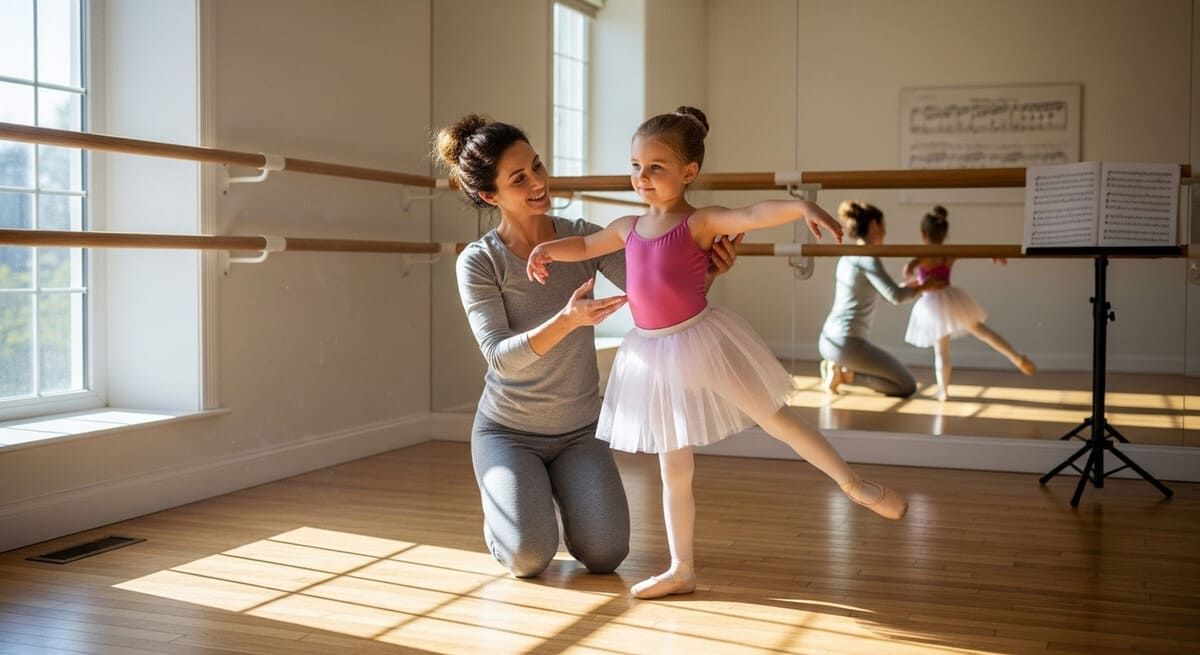 Profesora de danza ayudando a una joven estudiante de ballet en un estudio con espejos y barras de madera.