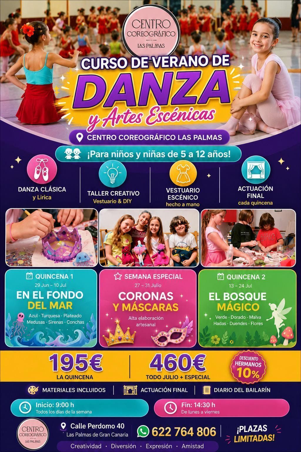 Cartel colorido de curso de verano de danza y arte escénico con niños bailando, fechas y precios.
