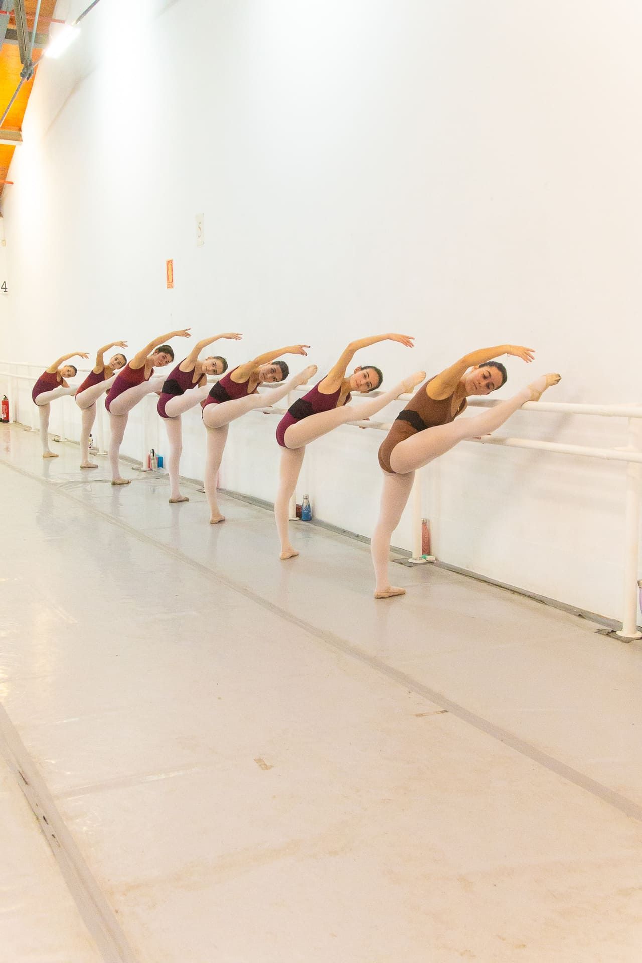 Bailarines de ballet en fila, estirándose en una barra en un estudio luminoso.
