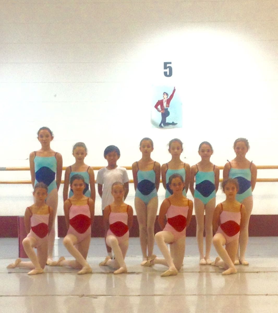 Un grupo de bailarinas de ballet con leotardos posan en un estudio, con un gran número 5 en la pared.