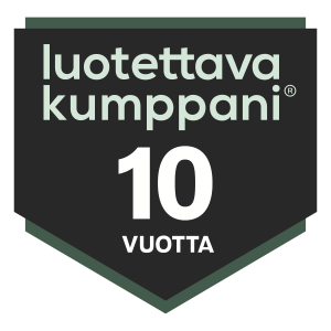 Luotettava kumppani -merkki, musta ja vihreä, teksti “10 vuotta”