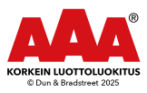 AAA-logo with red letters and black text “Korkein luottoluokitus” and “© Dun & Bradstreet 2025”