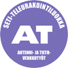 Purple circular logo with white “AT” letters and Finnish text “Seitti-FLettirakontiu...”, “Antenn- ja tietoverkot”