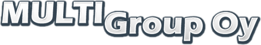 Valkoinen ja sininen ”MULTIGroup Oy” -logoteksti vaalealla taustalla