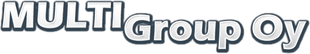 Valkoinen ja sininen ”MULTIGroup Oy” -logoteksti vaalealla taustalla