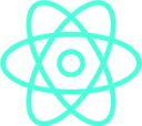Vaaleansininen React-logo, jossa on atomimaisia ​​renkaita ja keskellä piste valkoisella taustalla