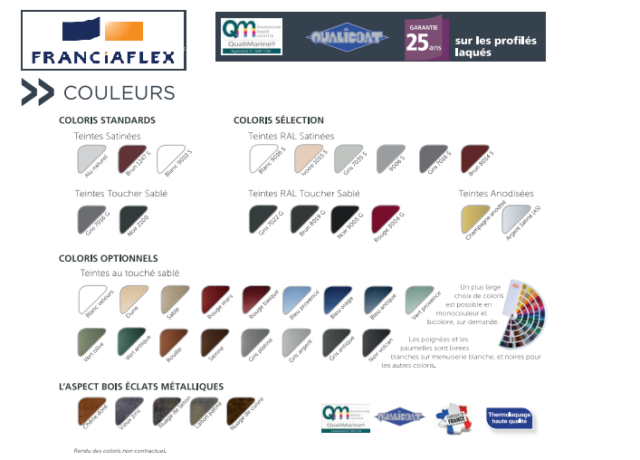 Nuancier Francialfex présentant les couleurs standard, de sélection et optionnelles pour les profils.