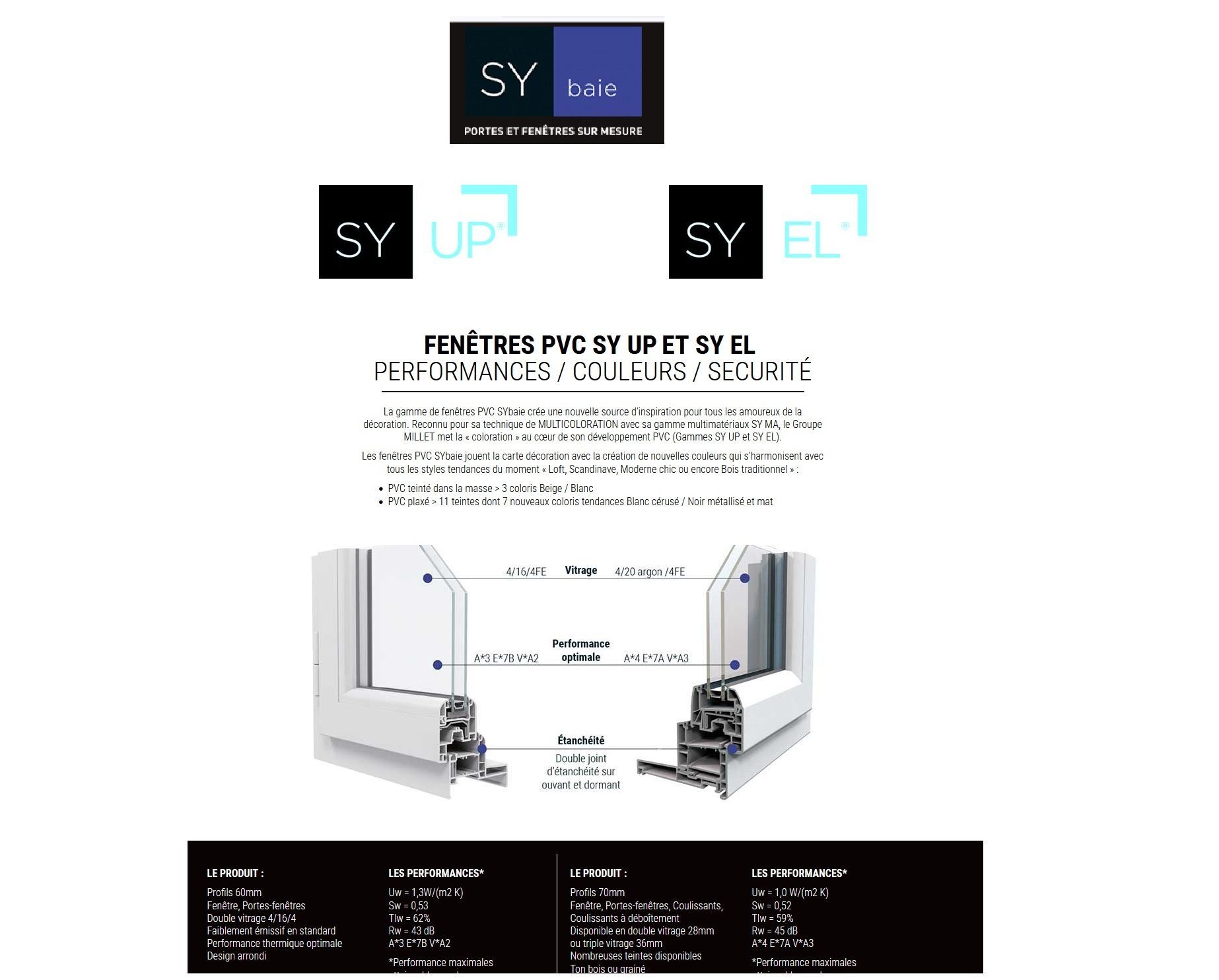 Brochure des fenêtres PVC SY UP et SY EL. Caractéristiques, schémas et détails du produit.