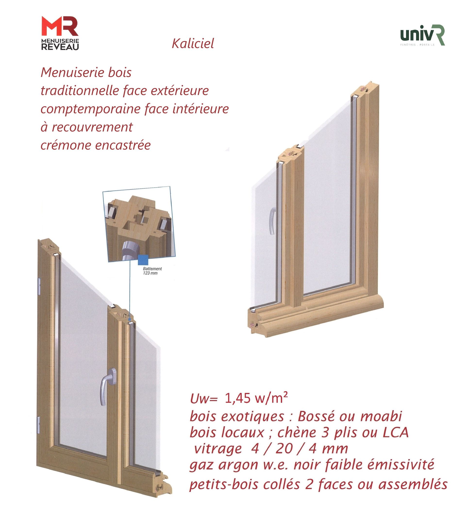 Schéma d'une fenêtre Labox!, montrant les détails de sa construction. Elle est composée de cadres en bois et de vitrage, avec des informations sur l'isolation.