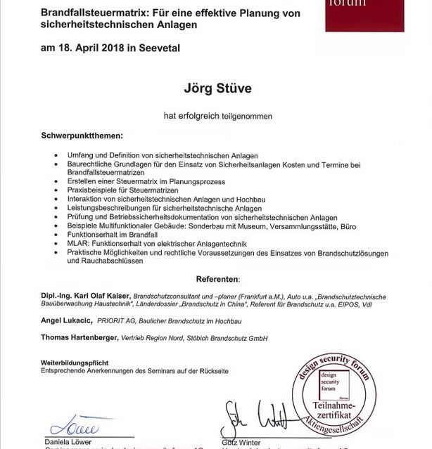 Ein Zertifikat, auf dem Jörg Stuve steht