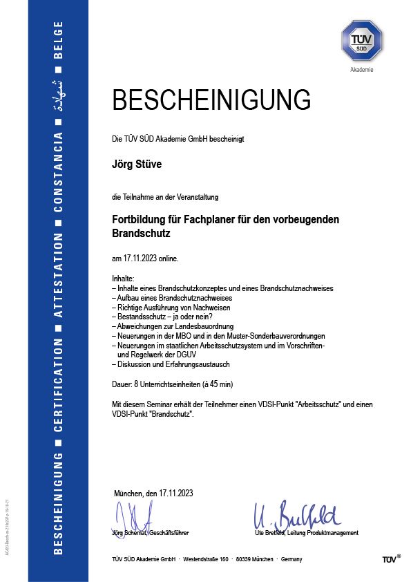 Zertifikat vom TÜV Rheinland, deutscher Text, Ausbildung zum Brandschutzprüfer, unterschrieben, datiert.