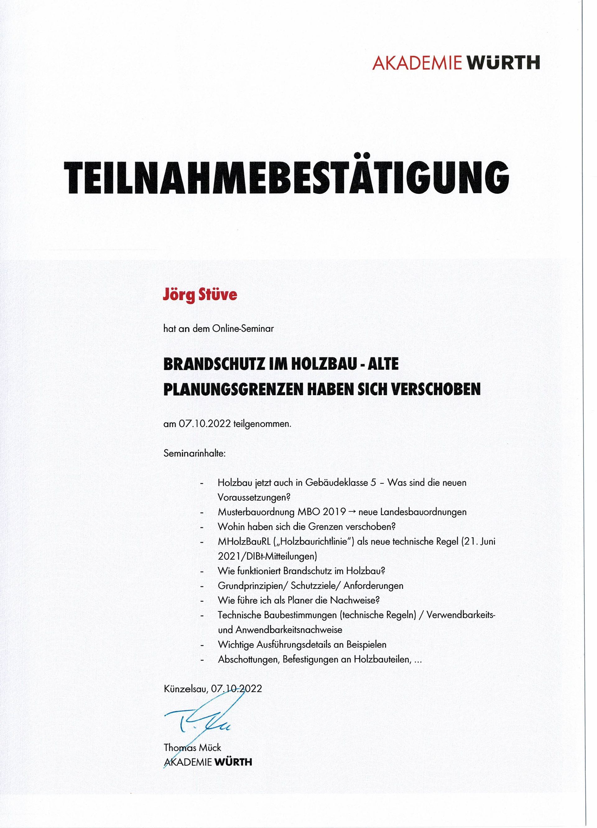 Teilnahmebescheinigung in deutscher Sprache. Titel „TEILNAHMEBESTÄTIGUNG“ mit Angaben zum Kurs und Teilnehmer.