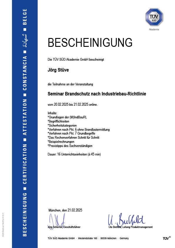TÜV Rheinland Zertifikat für Jörg Stive, Seminar zur elektrischen Sicherheit absolviert, durchgeführt vom 25.03.2019 bis 27.03.2019 in München.