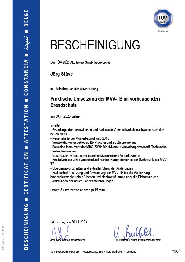 Ein Zertifikat der CFPA Europe Confederation of Fire Protection Associations