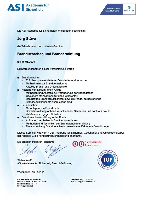 Abschlusszertifikat: ASI Academy, für Jörg Schive, Schulung Brandschutz und Brandmeldeanlagen.