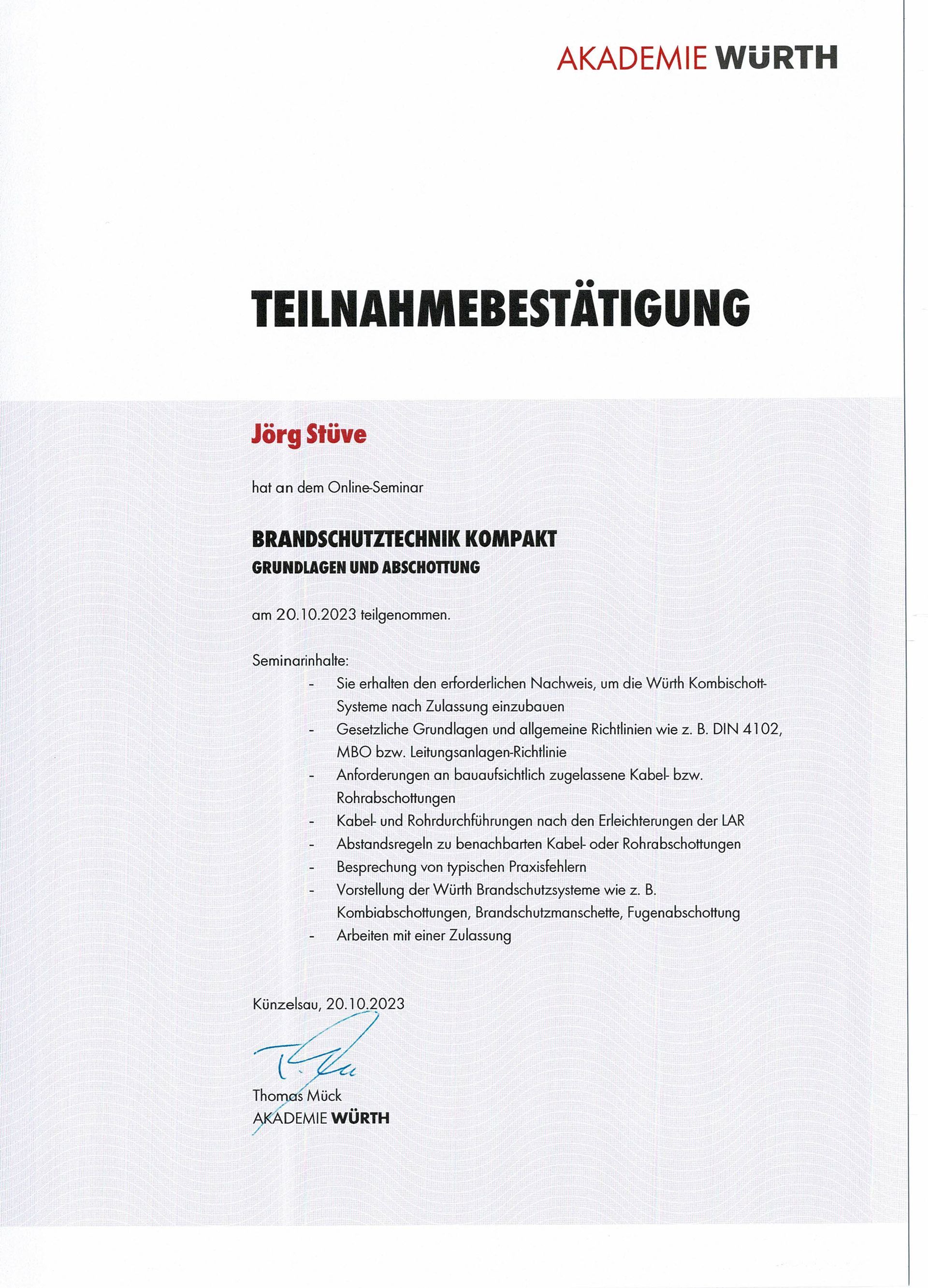 Zertifikat der Akademie Würth; schwarzer Text auf Weiß mit Logo.