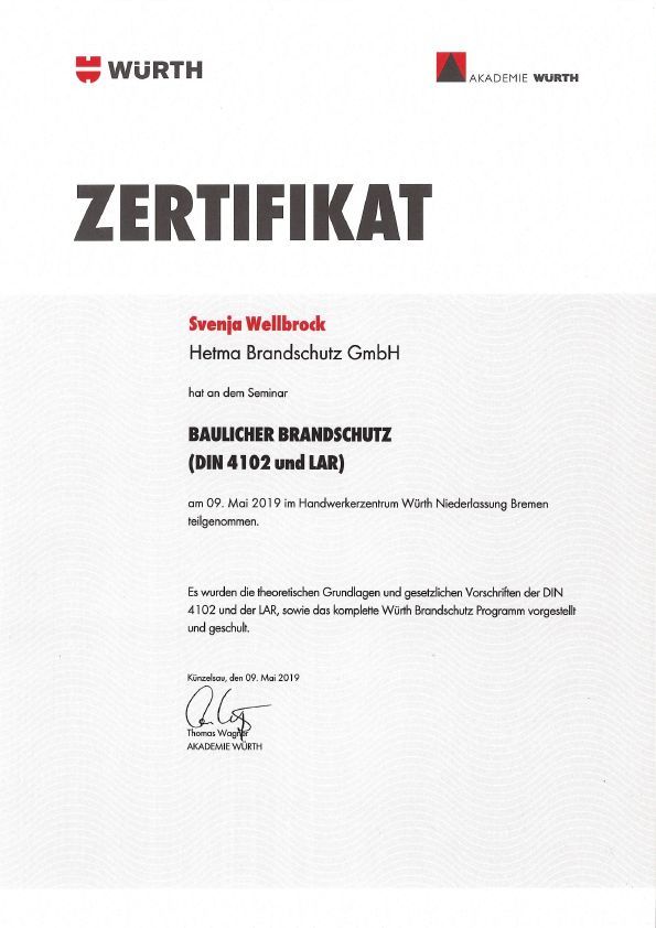 Certificate from Würth, in German, for Sveja Wellbrock, regarding 