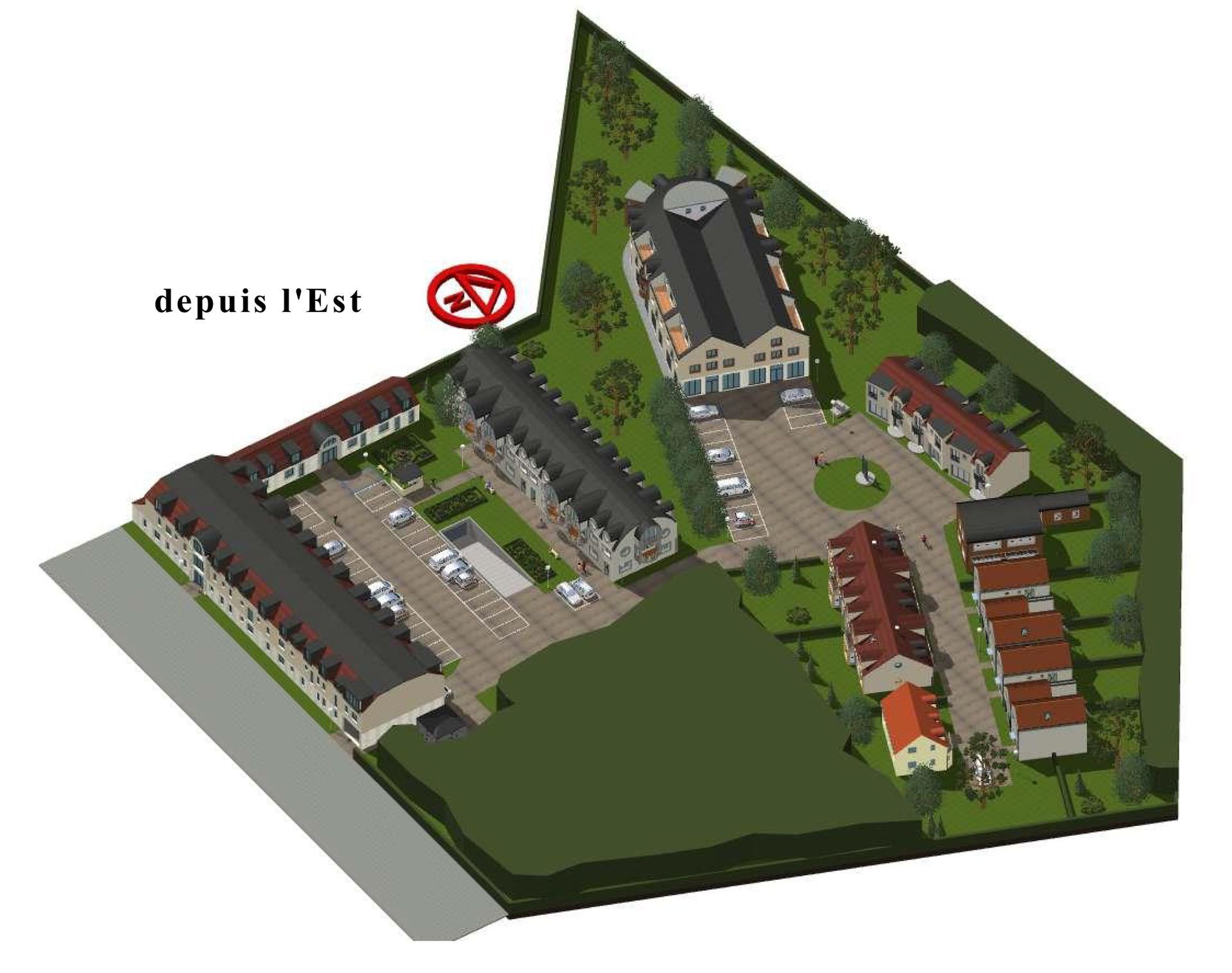 Vue du dessus d'une modélisation 3D d'un ensemble de bâtiments et d'habitation d'un quartier.