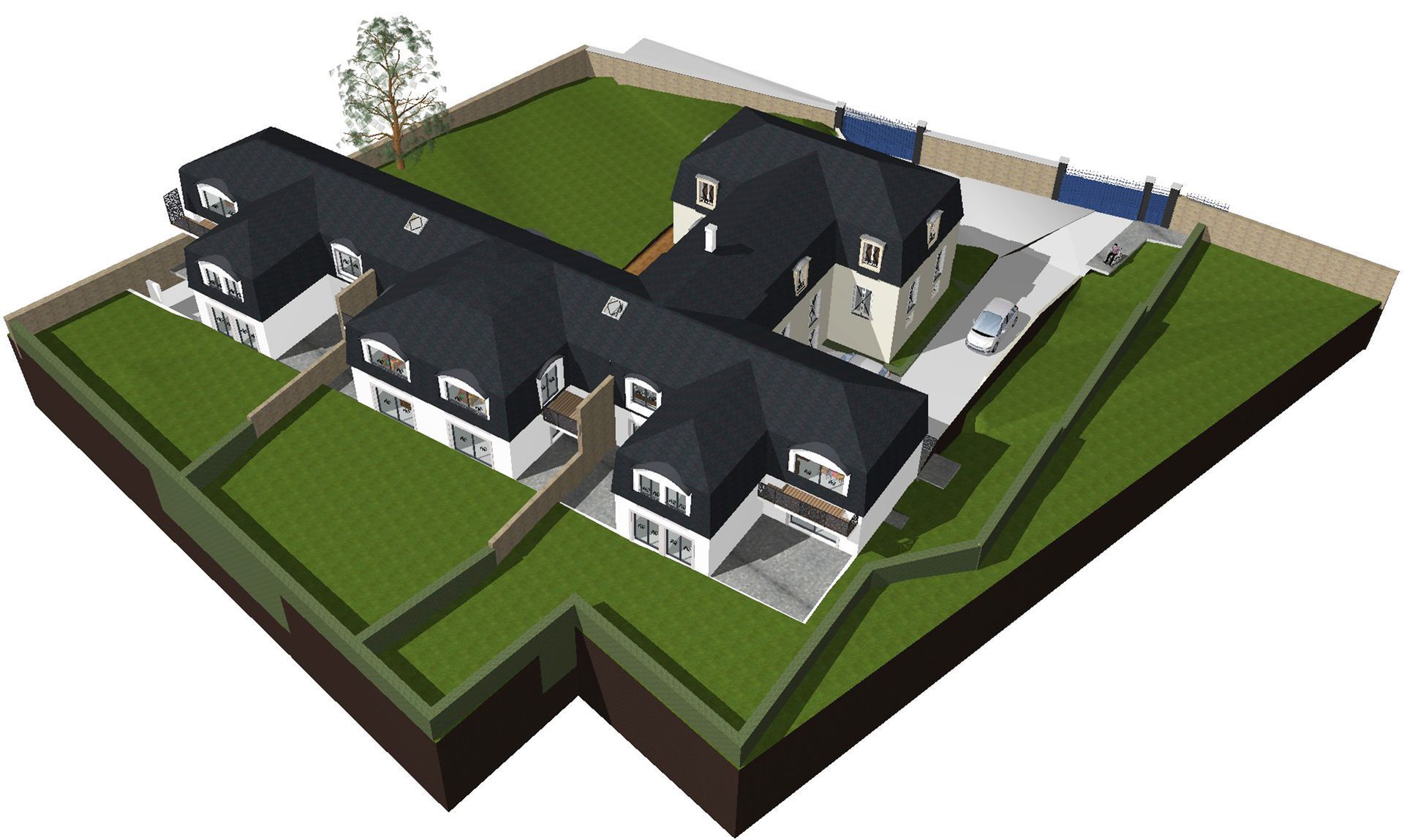Modélisation 3D d'un ensemble de maisons mitoyennes en vue isométrique.