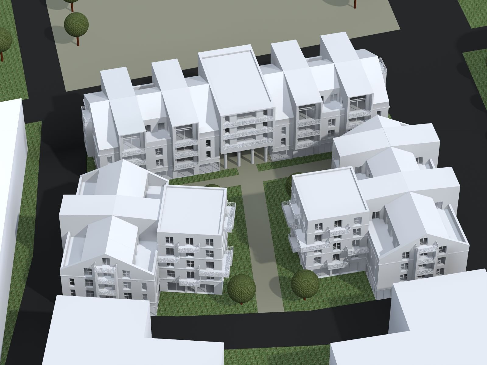 Vue du dessus d'une maquette 3D de lotissements à plusieurs étages.