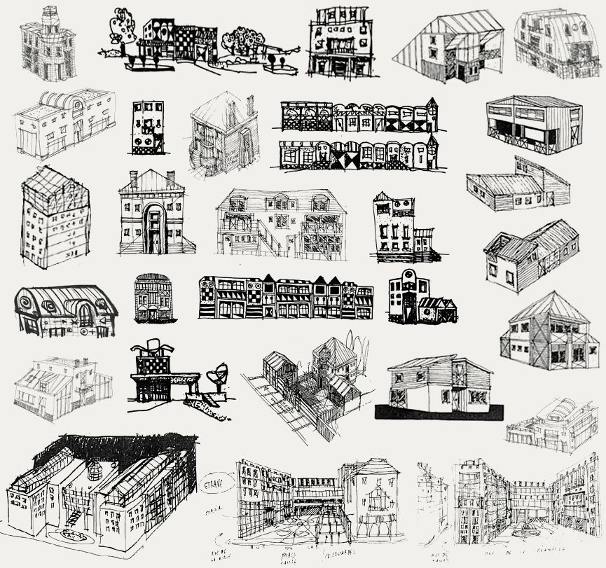Plusieurs croquis de maisons bâtiments et quartiers.