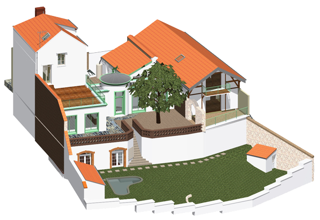 Rendu final en 3D d'une proposition de réhabilitation de deux habitations réunies en une seule avec un grand jardin.