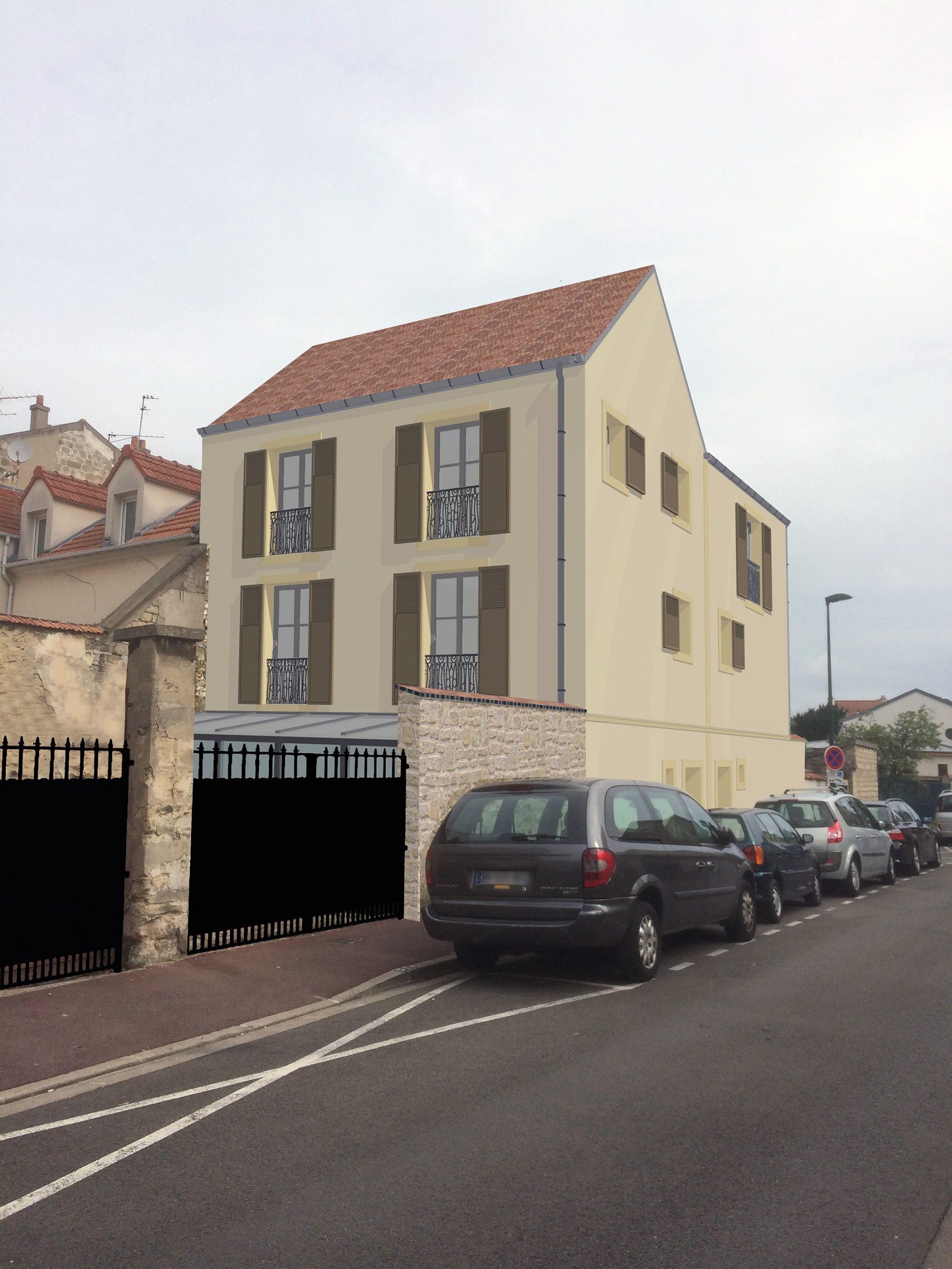 Proposition 3D pour la surélévation d'une habitation et ajout d'un portail à partir d'une photo prise dans la rue.