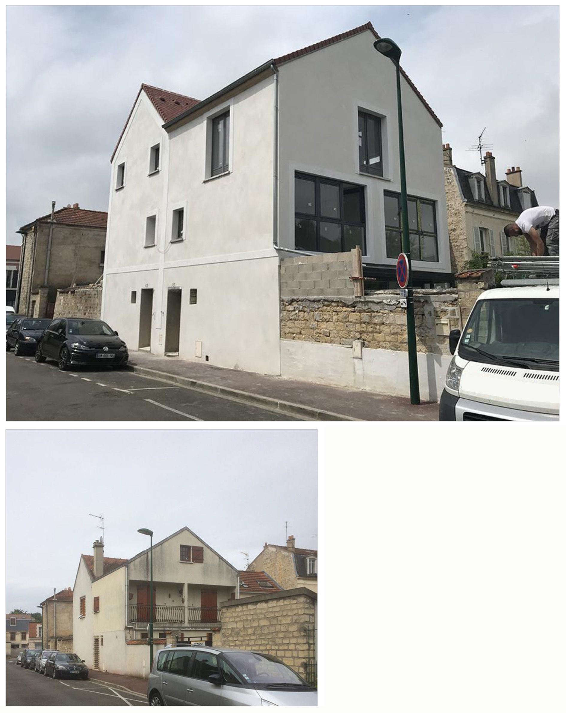 Un avant après d'une surélévation d'une maison vue de l'extérieur côté route.