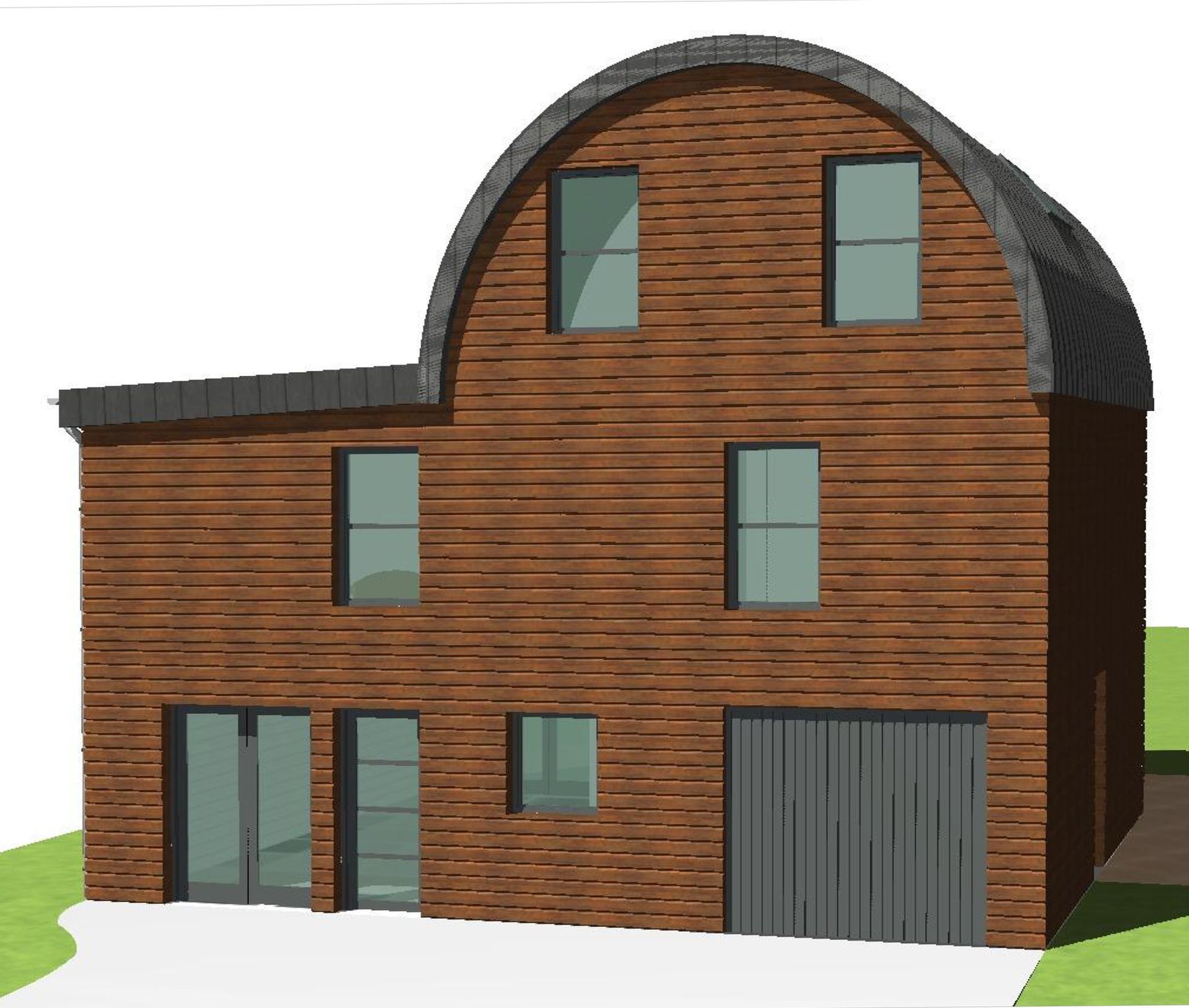 Bâtiment en 3D avec bardage en bois.